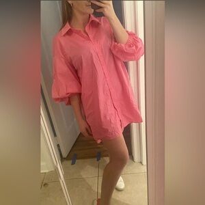 Bright pink casual button collar shirt dress